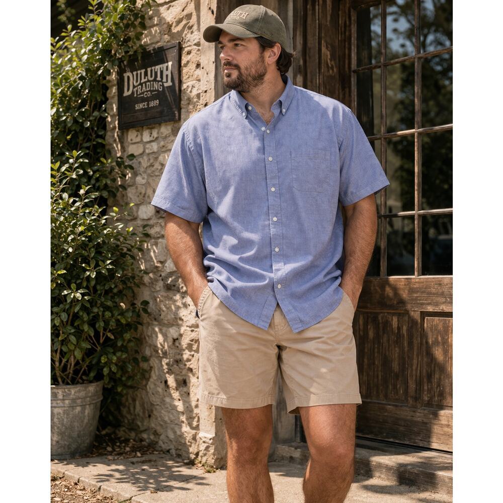 Duluth Trading Co Blue Chambray Short Sleeve Button Down Shirt 2XLT Tall